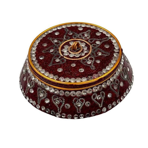 Trinket Round Jewelry Box Maroon Gold Tones Rhinestone Jeweled - Picture 4 of 9
